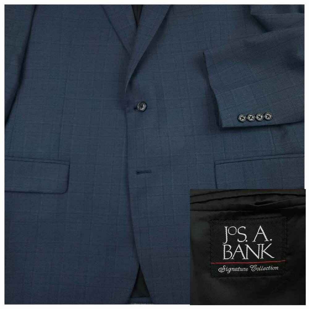 Jos A Bank Suit Mens 46L/41R Wool Classic Fit Wool Prince of Wales Check Blue